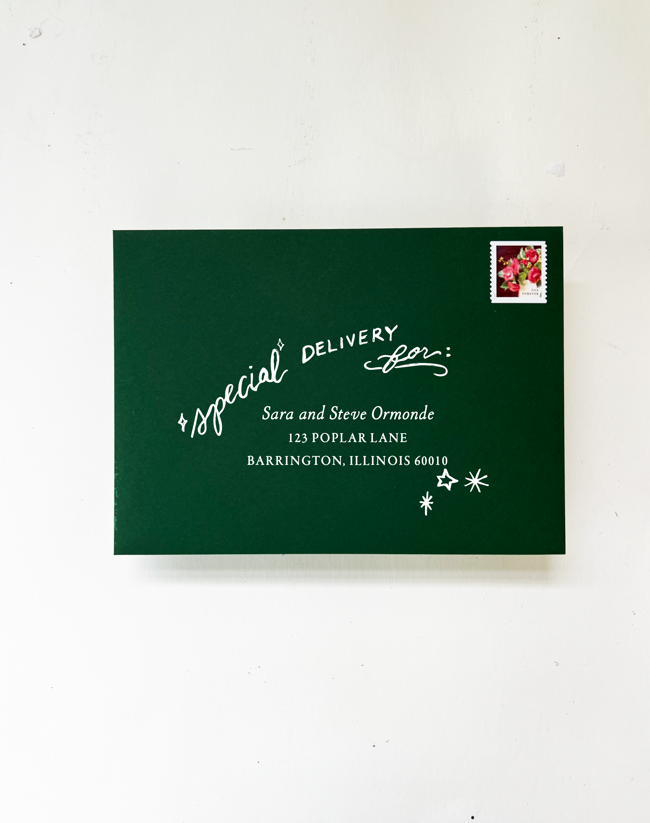 Green Envelopes, White Address Printing